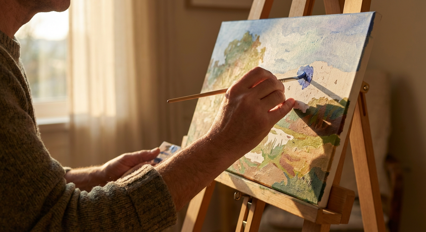 Close-up of hands calmly painting a numbered section on canvas, demonstrating the meditative evening ritual